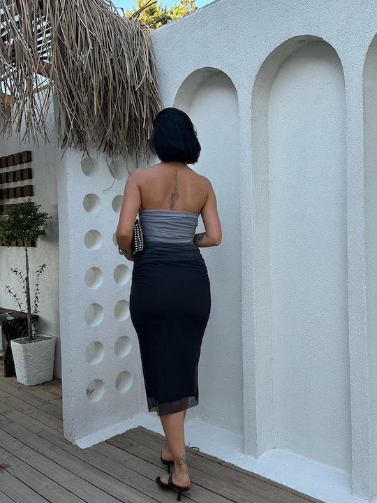 Summer Midi Dress for Wedding / Christening Strapless with Tulle Grey