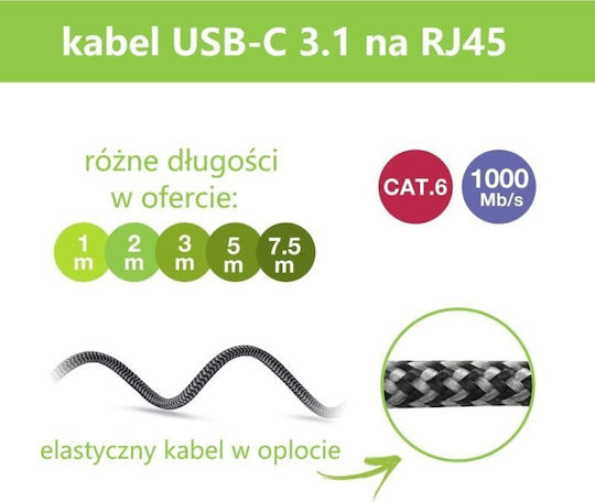 Techly Icoc U3c-rj45-030 USB-C Male to Ethernet RJ45 Male Cable 3m