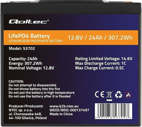 Qoltec Baterie Fotovoltaică Litiu 12.8V 24Ah