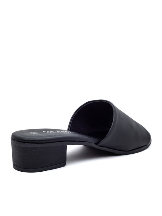Leather Mules with Chunky Heel in Black Color
