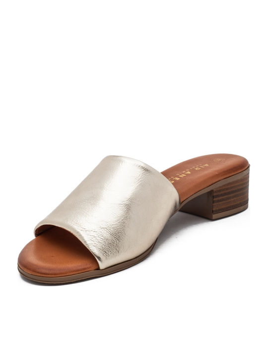 Leather Mules with Chunky Heel in Gold Color