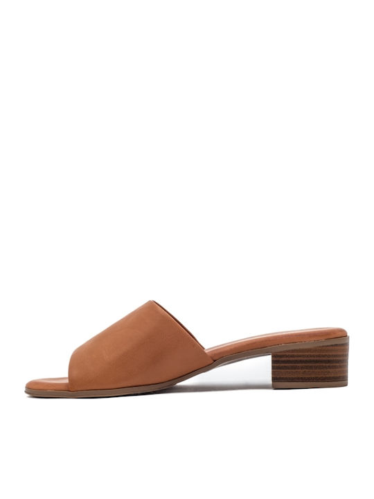 Leather Mules with Chunky Heel in Brown Color