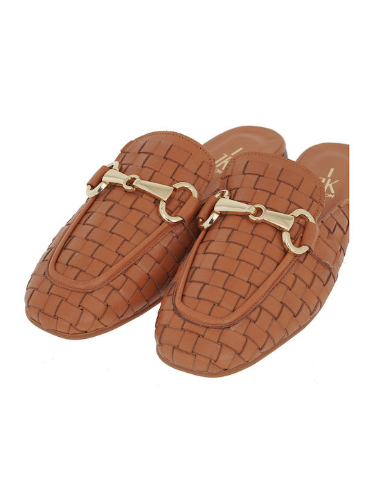 Flat Leather Mules in Tabac Brown Color