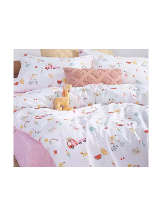 Nef-Nef Homeware Σετ Σεντόνια Μονά Βαμβακερά Happy Today Ροζ 170x260cm 3τμχ
