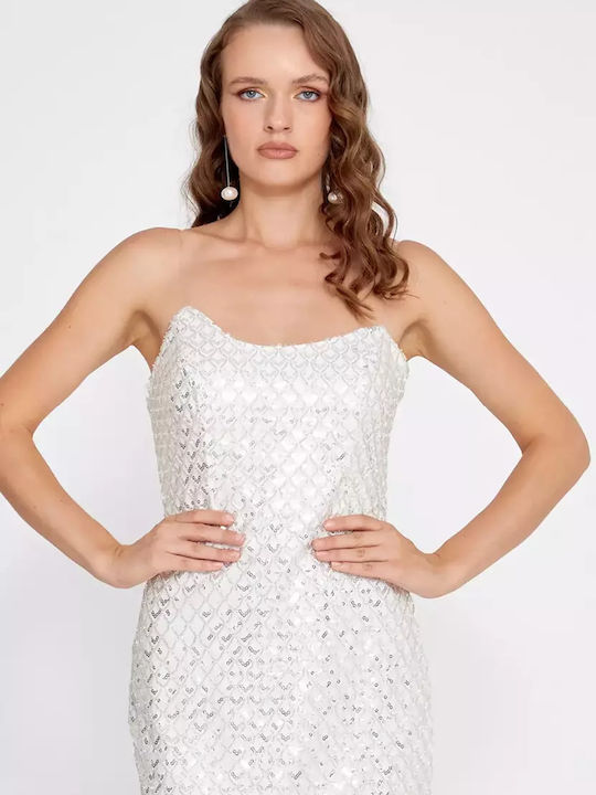 Sommer Midi Abendkleid Trägerlos Ecru