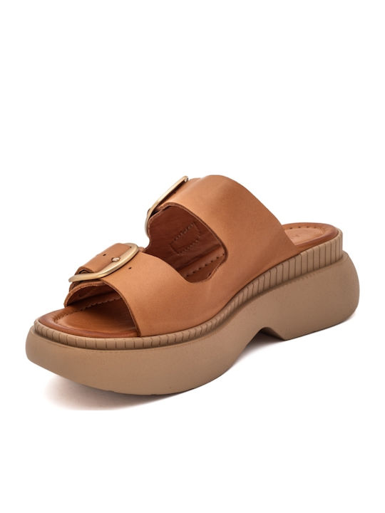 Leather Women's Flat Sandals Anatomic Flatforms in Brown Color