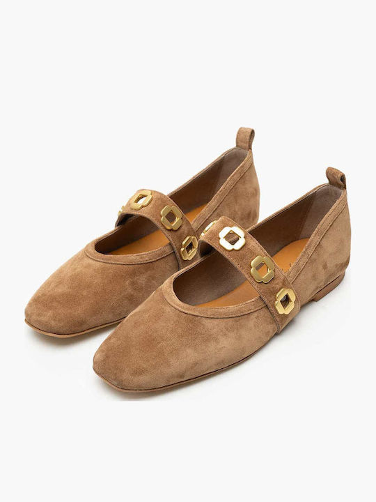 Δερμάτινες Γυναικείες Μπαλαρίνες Slingback με Λουράκι σε Ταμπά Χρώμα
