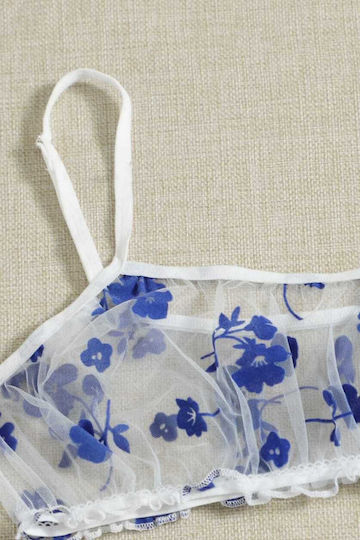 Set 2 Piese Sexy Tulle Transparent Lenjerie Imprimată cu Flori Bralette Bretele Reglabile Chiloți Albastru