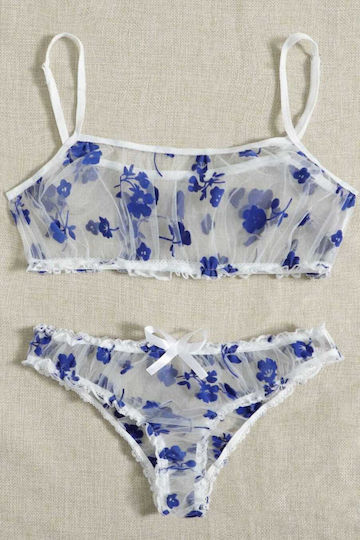 Set 2 Piese Sexy Tulle Transparent Lenjerie Imprimată cu Flori Bralette Bretele Reglabile Chiloți Albastru