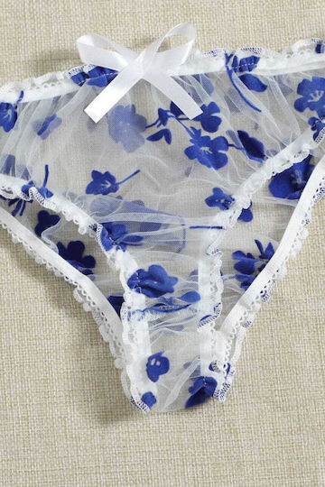 Set 2 Piese Sexy Tulle Transparent Lenjerie Imprimată cu Flori Bralette Bretele Reglabile Chiloți Albastru