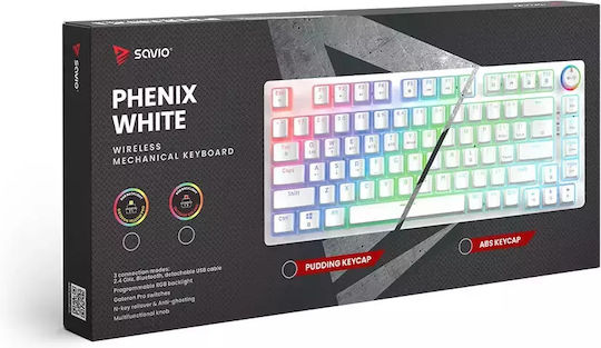 Savio Phenix White Pudding Wireless Gaming Mechanical Keyboard 75% with Gateron Red Pro switches and RGB lighting (English US) White