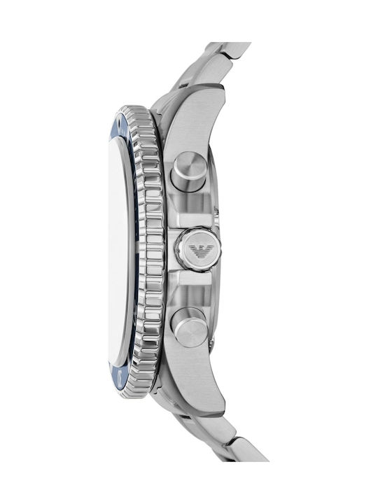 Emporio Armani Ανδρικό Ρολόι 43mm Χρονογράφος Solar με Ασημί Μεταλλικό Μπρασελέ
