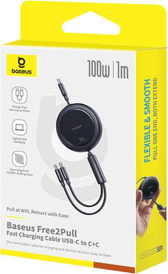 Baseus Bright Mirror Series Usb-c Retractable Cable 2 X Usb-c 100w 1m Black