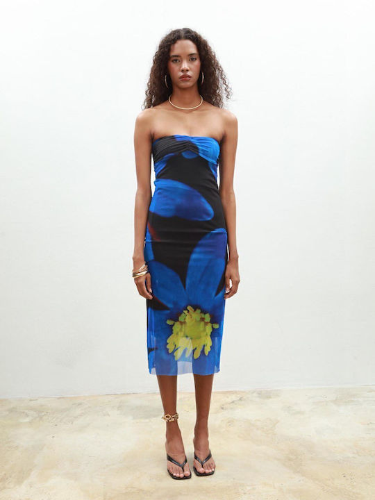 Summer Midi Dress for Wedding - Christening Strapless Blue