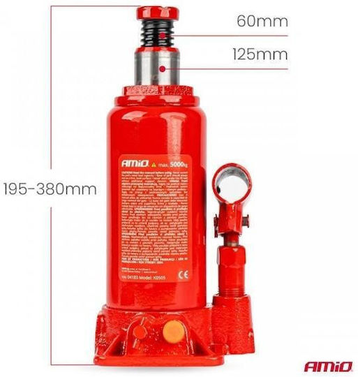 AMiO Hydraulic Bottle Jack with Lifting Capacity up to 38cm and Weight Capacity up to 5 Tons