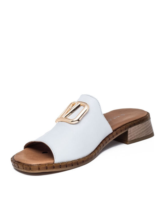 Leather Mules with Chunky Heel in White Color