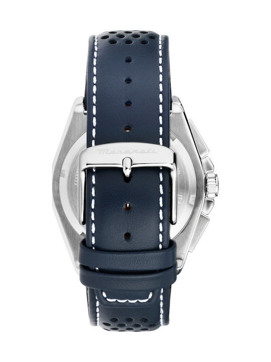 Maserati Ανδρικό Ρολόι 43mm Χρονογράφος Μπαταρίας με Μπλε Δερμάτινο Λουράκι