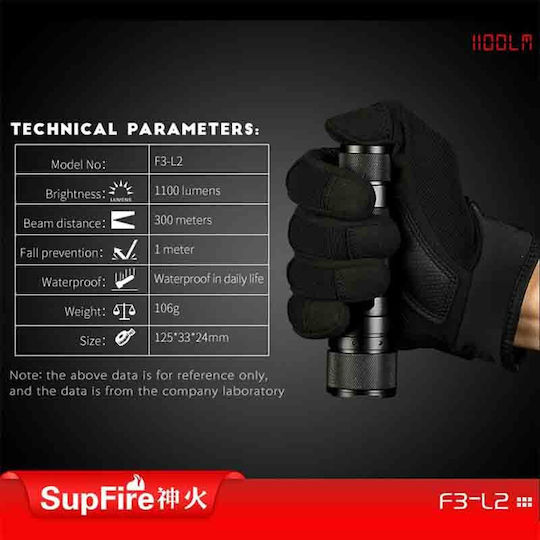 Superfire Flashlight LED IP34 with Maximum Brightness 570lm Flashlight Superfire Black