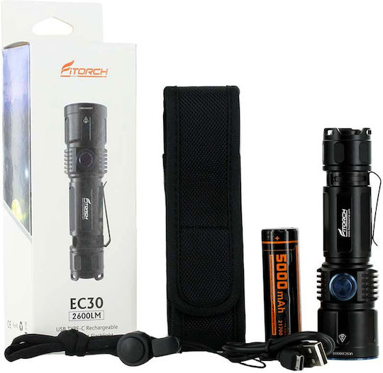 Fitorch Rechargeable Flashlight LED IPX8 with Maximum Brightness 2600lm EC30 Black