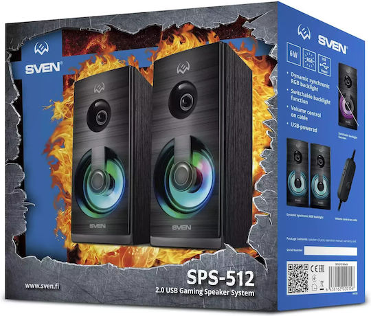 Sven SPS-512 Ηχεία Υπολογιστή 2.0 με RGB Φωτισμό και Ισχύ 3W σε Μαύρο Χρώμα
