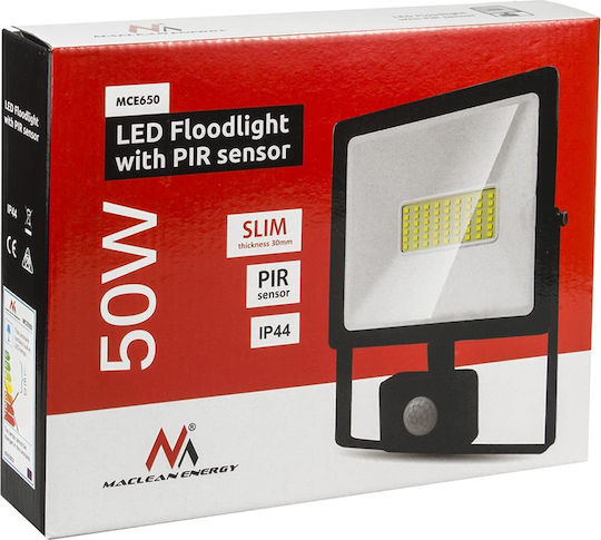 Maclean Energy Waterproof LED Floodlight 50W Natural White 4000K with Motion Sensor IP44