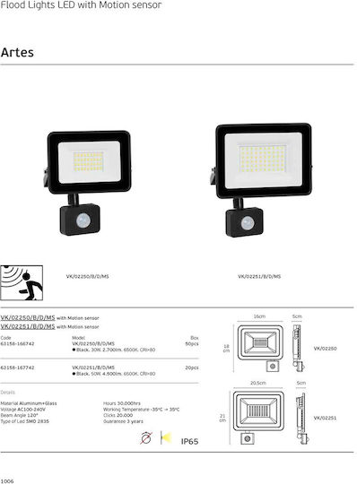 VK Lighting Waterproof LED Flood Light 30W Cold White 6500K with Motion Sensor IP65
