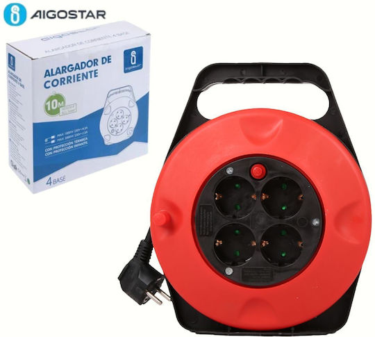 Aigostar Удължителен кабел на ролка Затворен тип 4 места с кабел 10м Червен