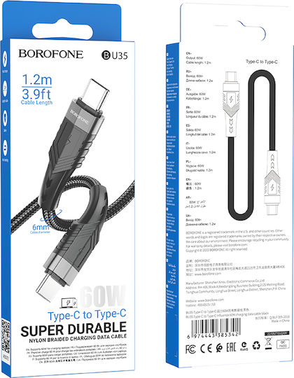 Borofone BU35 Exklusives Geflochtenes USB 2.0 Kabel USB-C männlich - USB-C 60W PD Schwarz 1,2m