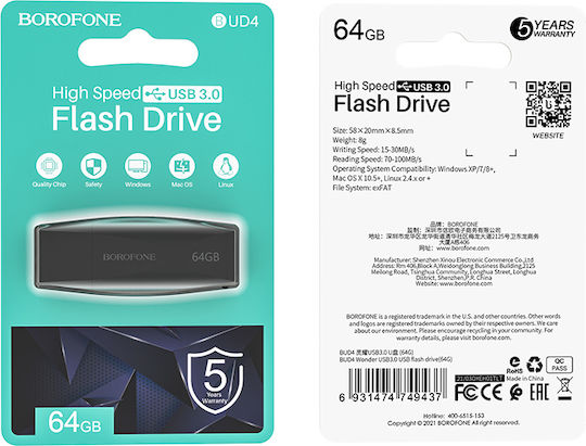 Borofone 64GB USB 3.0 Stick Black