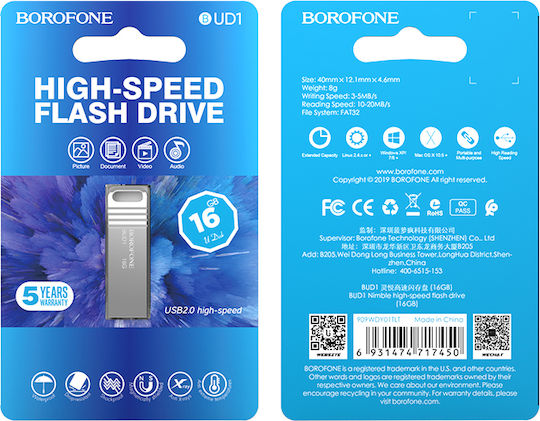 Borofone Bud1 Nimble Pendrive 16GB USB 2.0 Stick Silver