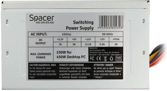 Spacer 450 230W Negru Sursă de Alimentare Calculator Complet cu fir