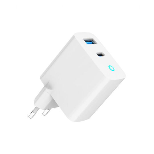 Gembird Зарядно без кабел GaN с USB-A порт и USB-C порт 30W Power Delivery / Quick Charge 3.0 Бял (TA-UC-PDQC30L-W-01)