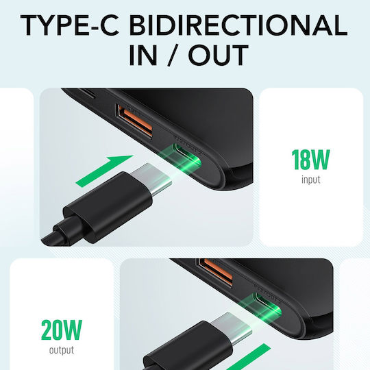 Charmast S12B Power Bank 10000mAh 20W με Θύρα USB-A και Θύρα USB-C Power Delivery Μαύρο