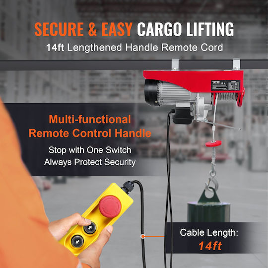 Electric Hoist 1600 W Wired Remote Control Max Lifting Height 6/12 M Speed 10 M Min Capacity 500 1000 Kg