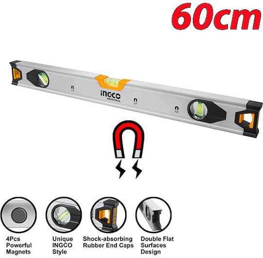 Ingco HSL38060M Spirit Level Aluminum Magnetic 60cm with 3 Eyes