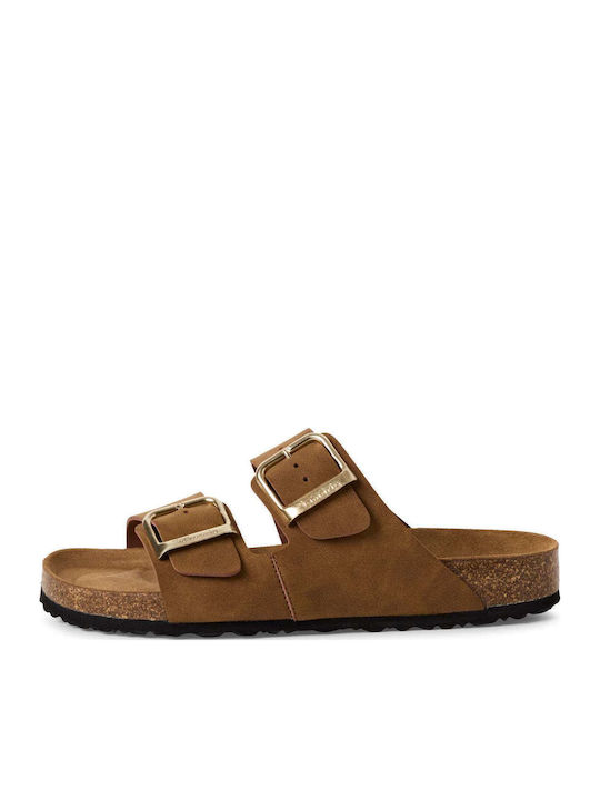 Leather Women's Flat Sandals in Tabac Brown Color