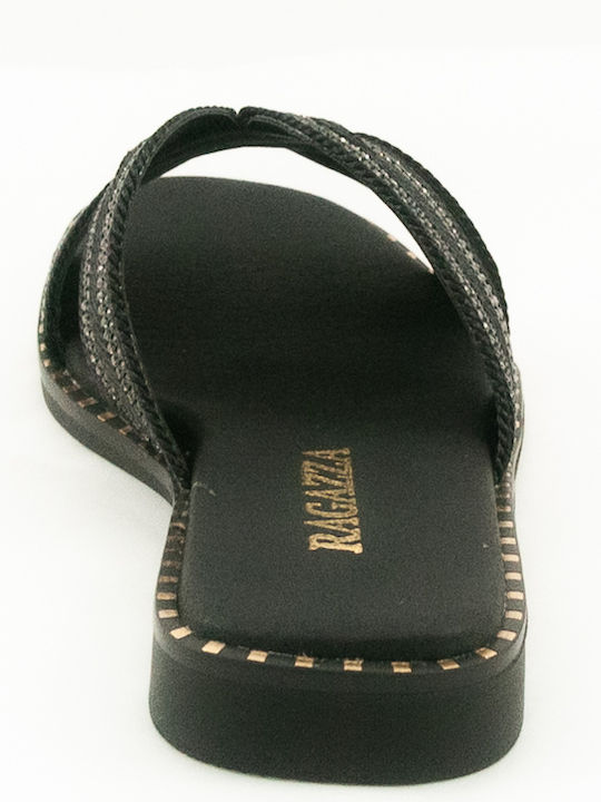 Leather Women's Flat Sandals in Black Color
