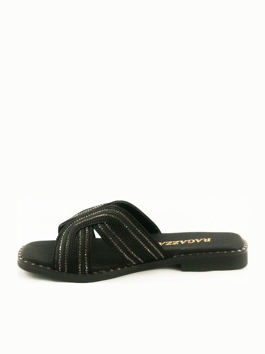 Leather Women's Flat Sandals in Black Color
