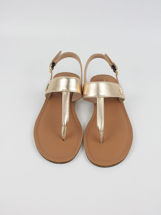 Leather Women's Flat Sandals with Strap in Gold Color