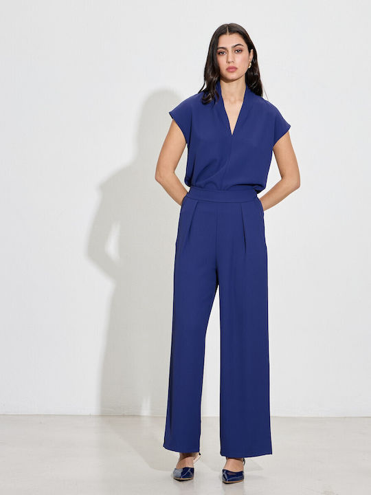 Damen Hoch tailliert Stoff Hose mit Gummizug Royal Blue