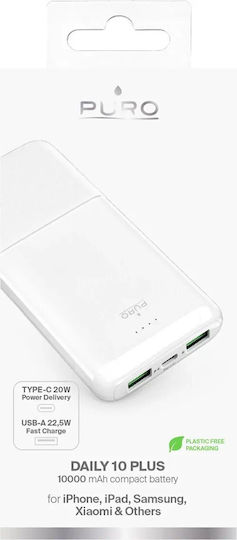 Puro Daily 10 Plus Power Bank 10000mAh 22.5W με 2 Θύρες USB-A και Θύρα USB-C Power Delivery Λευκό