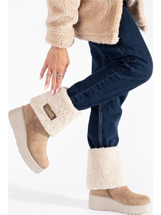 Medium Heel Women's Boots with Fur Khaki