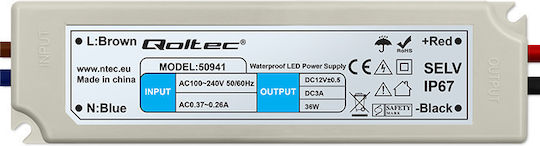Qoltec Τροφοδοτικό LED Στεγανό IP67 Ισχύος 36W με Τάση Εξόδου 12V