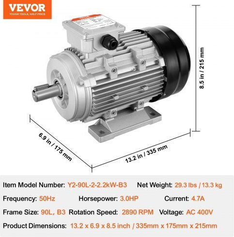 Three-phase Electric Motor 400 V 2.2 Kw 2890 Rpm 90l B3 Frame Shaft Length 50 Mm