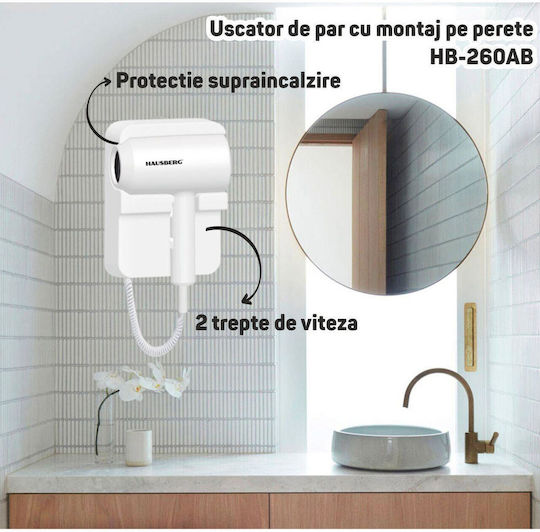 Hausberg Uscător de păr pentru hotel Alb 1.2kW cu Cablu Spiralat până la 180cm