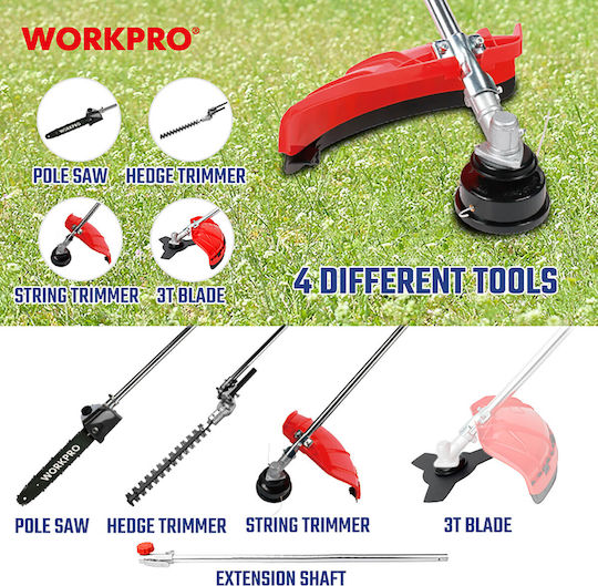 WorkPro WP424008 Gasoline Garden Multi Tool 4 in 1 Pole Saw Lawnmower Hedge Trimmer Attachment Extension