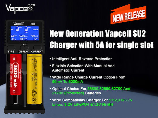 Vapcell SU2 Φορτιστής 2 Μπαταριών Li-ion/Ni-Cd/Ni-MH Μεγέθους AA/AAA/16340/26650/14500