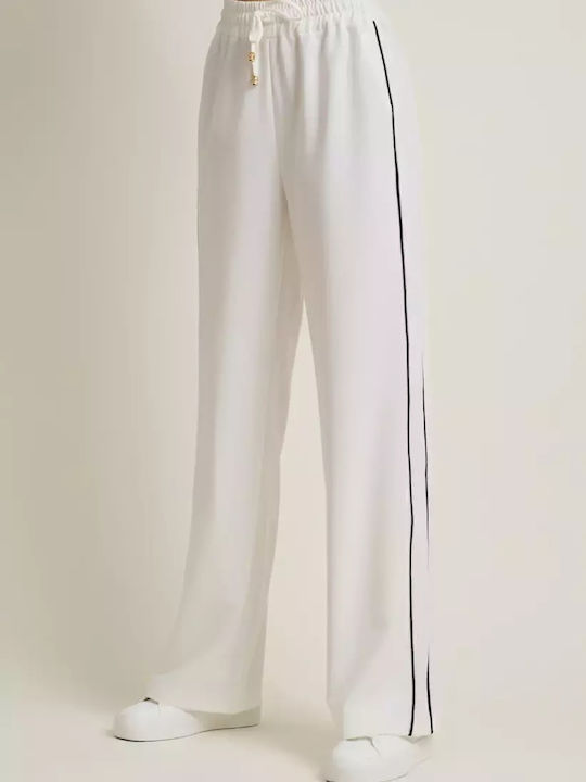 Women's High-waisted Fabric Trousers with Elastic Regular Fit Striped White