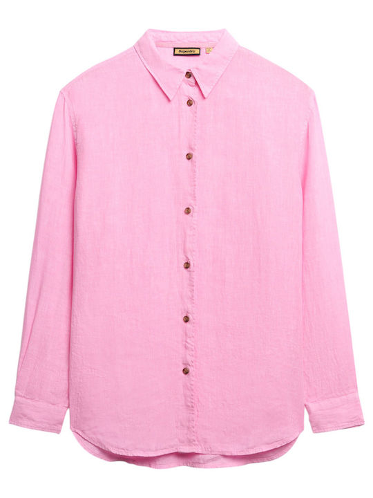 Casual Дълъг ръкав Женска Лен Риза Pink