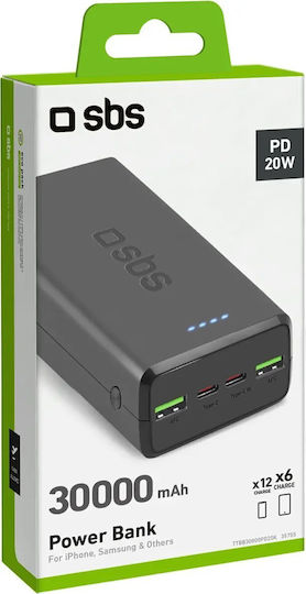 SBS Power Bank 30000mAh 20W με 2 Θύρες USB-A και 2 Θύρες USB-C Power Delivery Μαύρο